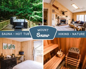 Escape to Mount Snow! Hot tub, sauna, nature, fireplace.