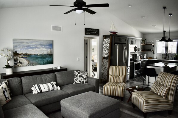 Comfortable living area with smart TV