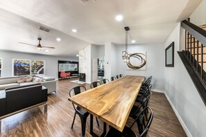 Extra large dining table for up to 16 people sitting together. 