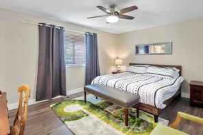 Master Bedroom with King size bed, Closet and Bedside Tables and Lamps and Work Station to allow you to Work From Home
