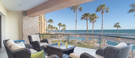 Breathtaking patio views, with beautiful Sonoran Sea Resort right below!