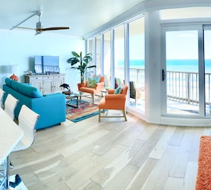 Amazing view of the ocean and the sofa with a Queen bed pull out.