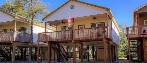 Front View of Guadalupe Getaway, notice the front porch and lower parking 
