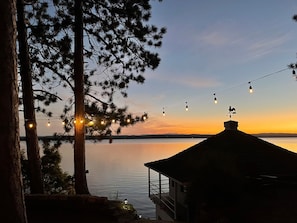 View of the boathouse and lake