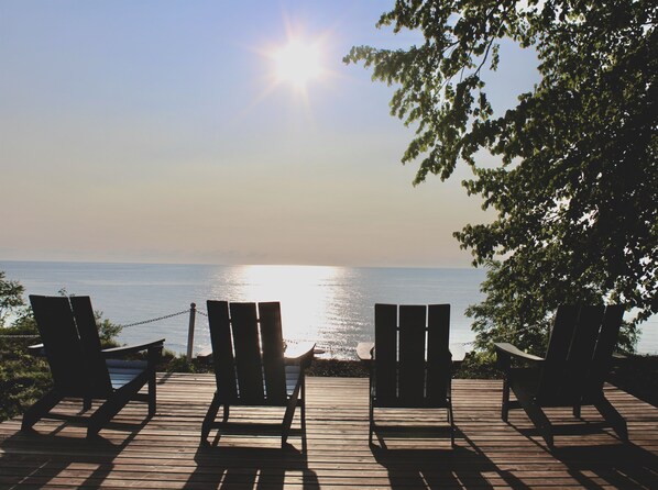 Viewing deck at Blake's on the Bluff.  Allows for stunning views of Lake Michigan, overlooking the bluffs edge. 