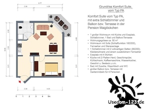 Grundriss in 2d einer KompfortSuite in der Pension Maiglöckchen. - Musterbeispiel