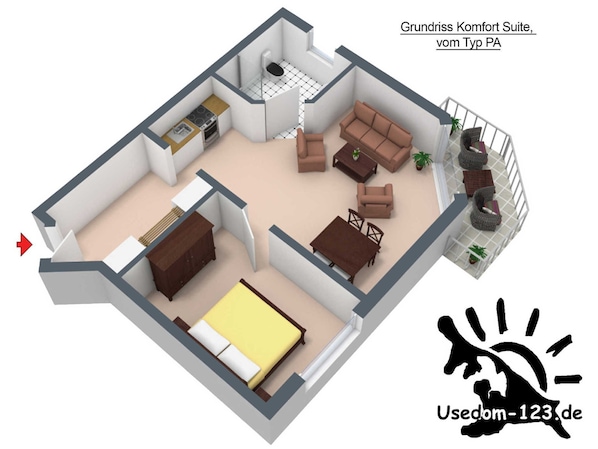 Grundriss in 3d einer KompfortSuite in der Pension Maiglöckchen. - Musterbeispiel