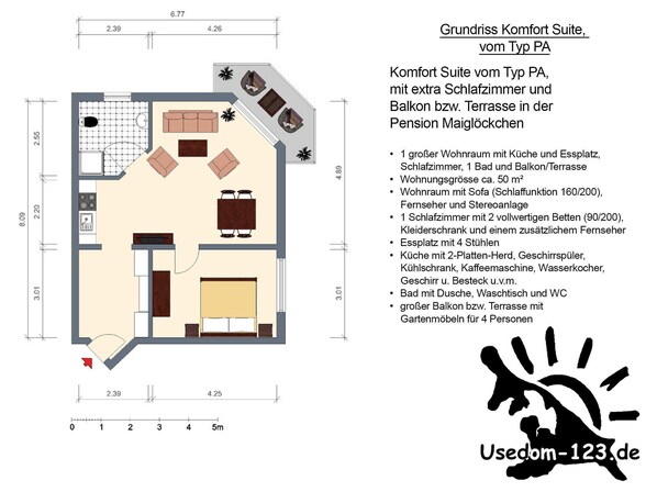 Grundriss in 2d einer KompfortSuite in der Pension Maiglöckchen. - Musterbeispiel