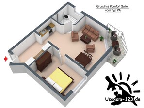 Grundriss in 3d einer KompfortSuite in der Pension Maiglöckchen. - Musterbeispiel