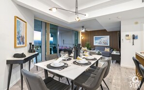 Share sumptuous meals with the family in this sophisticated dining area