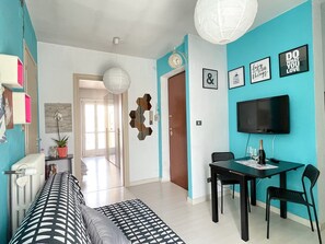 Living room with kitchenette, flat screen TV, sofa bed (French size) and large terrace 