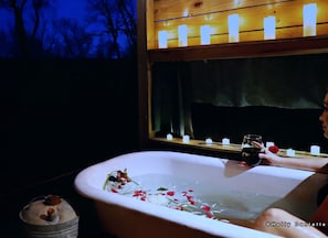 The antique tub provides a relaxing view of the trees and river below