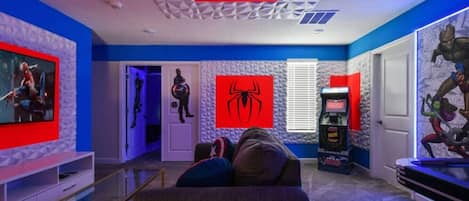 Enter the space of your very own magical escape - Marvel-Themed Game Room! Here you can explore magical movies or battle it out with a thrilling game of air hockey. The multi-cade console allows for endless hours of entertainment.