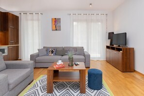 Comfortable, fold-out sofa in the living room. 