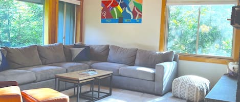 Open concept family room with lots of natural light from multiple windows.