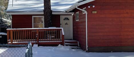 Snow covered Big Bear Cool Cabins, Peter Pan Lodge