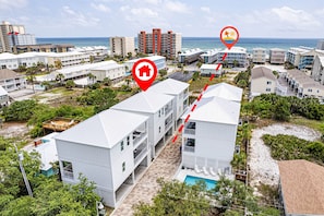See the red line? Shortcut to Beach - go to the back left of the property, follow the sand trail, walking south towards the water, cross the street, then under the condos. BEACH!