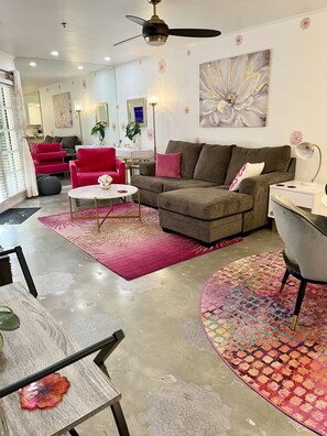 Comfortable familyroom with 52 in TV . Super clean!