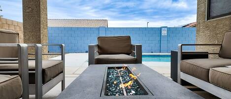 Patio seating, fire table and BBQ