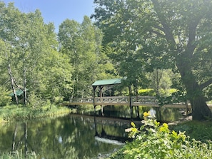 Bridge to a private island with a gazebo-like space to enjoy! 