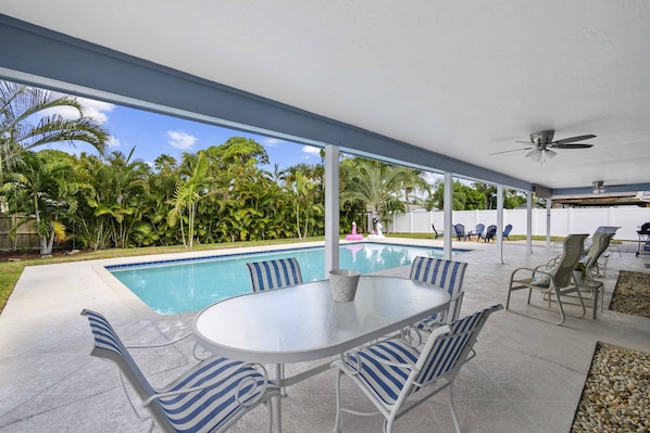 Large Heated Pool and Covered Lanai with Ceiling Fans.