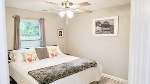 Comfortable king bed with mattress topper and ensuite bathroom.