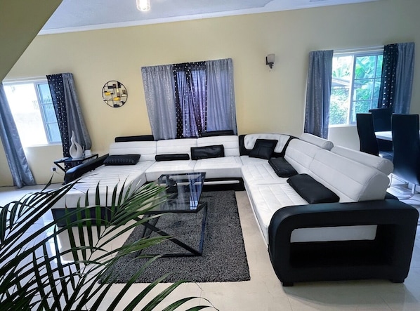 Living room- Large Leather Sofa, Centre Piece, 55 inch Samsung Tv, Plants.
