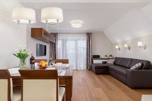 Comfortable, fold-out sofa in the living room. 