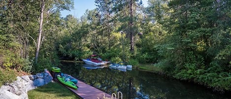 Our private 30' Dock on the channel inlet leading to the Lake. The inlet water will sometimes appear murky.