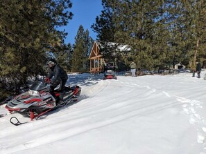 Ride to frozen lake from cabin.