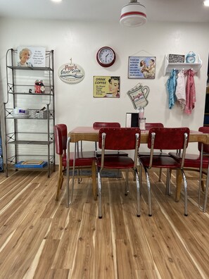 Retro diner table with seating for 6.