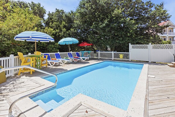 Enjoy the luxuries of your 6-person Hot Tub and own Private Swimming Pool with colorful Adirondack Furniture.
