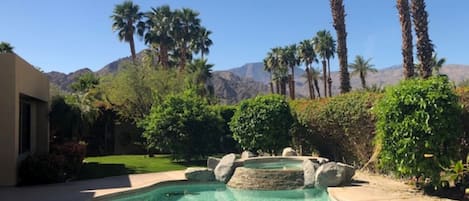 The backyard is very serene  with a panorama of the  Santa Rosa Mountains