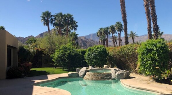 The backyard is very serene  with a panorama of the  Santa Rosa Mountains