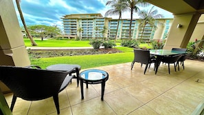 Lanai area with direct walkway access to pool/beach areas, only one minute away.