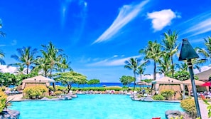 Incredible setting of our main pool area and beach in the background.