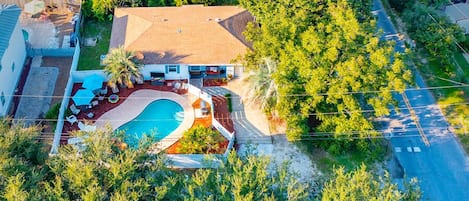 Aerial view of Art house. Private Pool, Fenced and in Front yard. Pool Heat Available