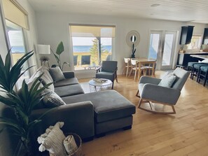 Large & comfortable living area with lake front views