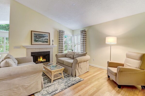 Living space with wood burning fireplace