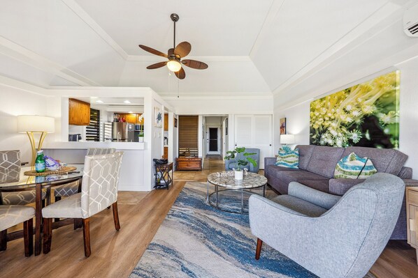 This cozy living space features a stylish area rug that complements the modern decor beautifully.