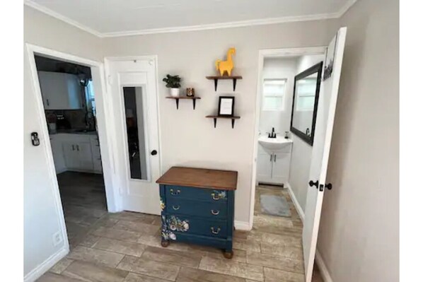 Hand painted antique furniture in the bedroom.