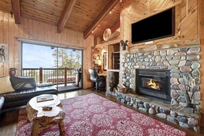 Mountain charm river rock fireplace