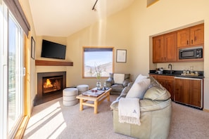 Family room features a kitchenette.