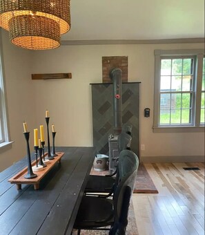 Dining table and wood stove