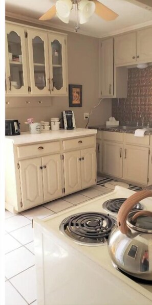 Furnished Kitchen with a full refrigerator and apartment size stove & microwave.