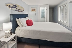 Private finished basement bedroom with 1/4 bath, queen bed, Smart TV, AC, fan