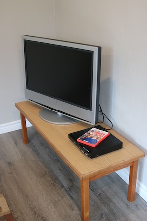 TV, DVD player and a variety of DVDs
Please note there is no cable or satellitte