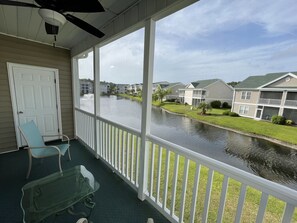 Screened-in Porch with Lake Views. Two Chairs + Table w/Ceiling Fan and Light