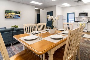 Full view of dining, living and kitchen
