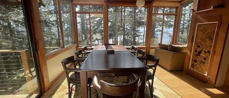 Dining area overlooking MacKaye Harbor